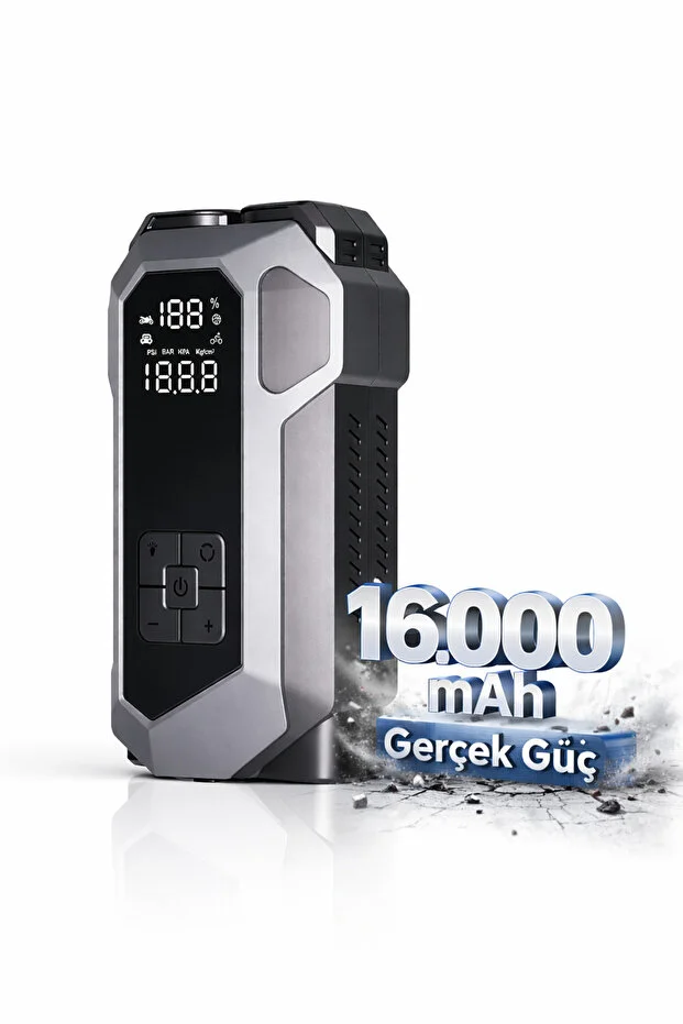 4 in 1 Şarjlı Akü Takviye Cihazı | 16.000 mAh | Akım Koruma | Güçlü Seri | Lastik Şişirme, LED Fener